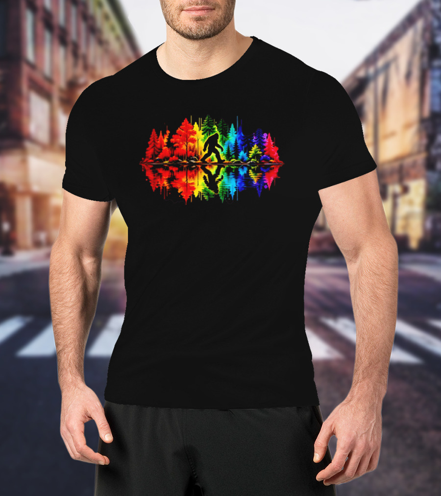 Rainbow Bigfoot Forest Reflection T-Shirt