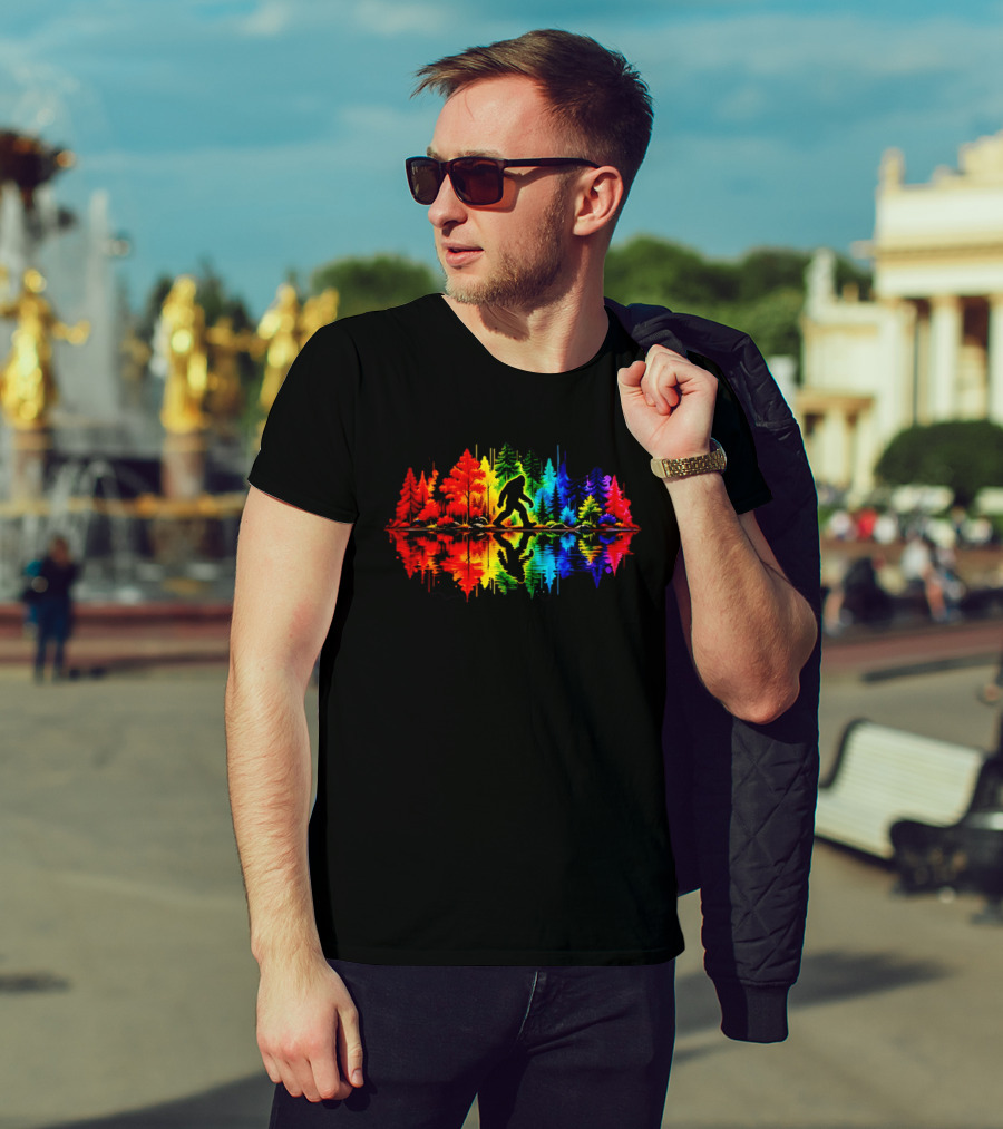 Rainbow Bigfoot Forest Reflection T-Shirt