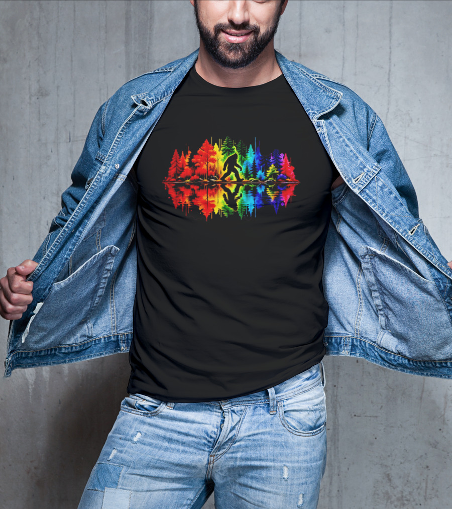Rainbow Bigfoot Forest Reflection T-Shirt