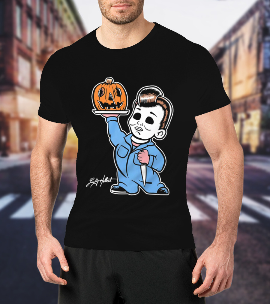 Lucky Hellcat Michael Myers Cartoon Pumpkin Knife Caricature T-Shirt