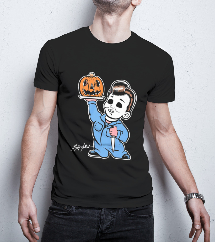 Lucky Hellcat Michael Myers Cartoon Pumpkin Knife Caricature T-Shirt