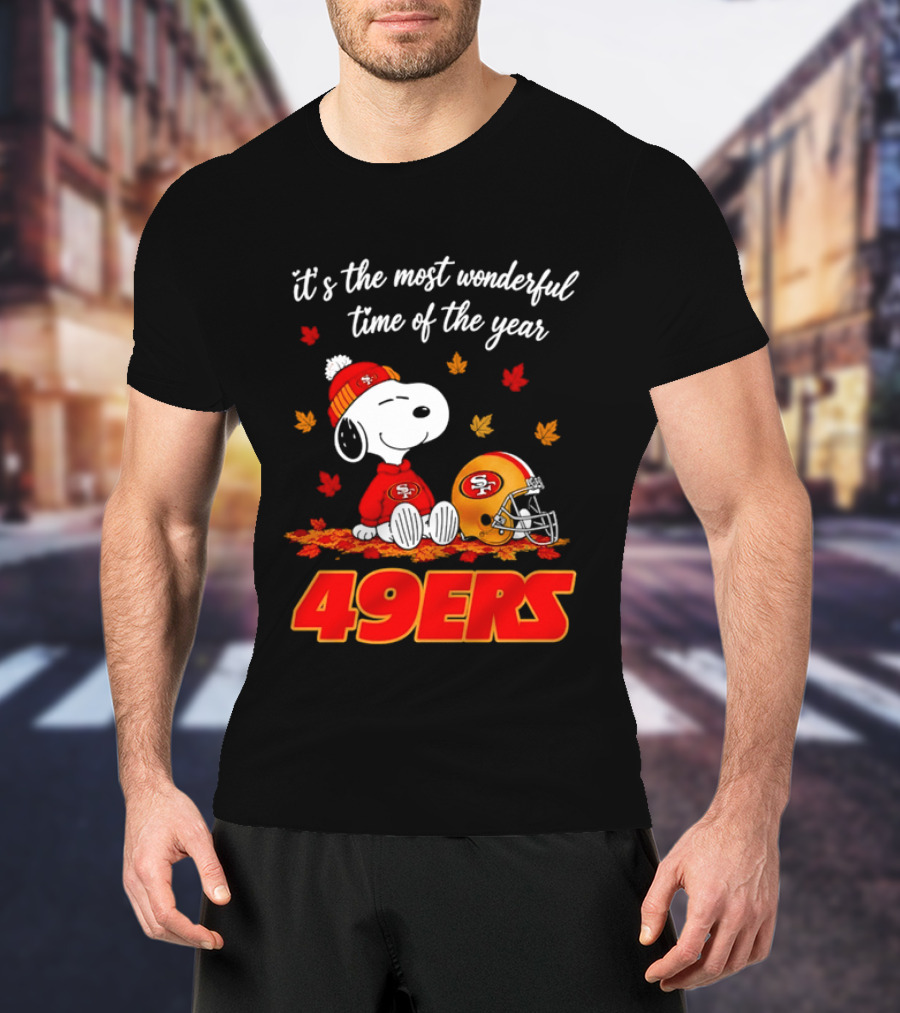 San Francisco 49ers Snoopy Beanie Autumn Leaves Most Wonderful Time T-Shirt