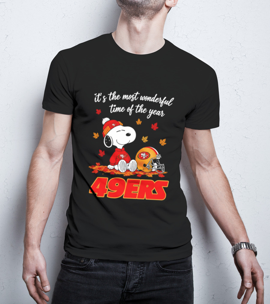 San Francisco 49ers Snoopy Beanie Autumn Leaves Most Wonderful Time T-Shirt