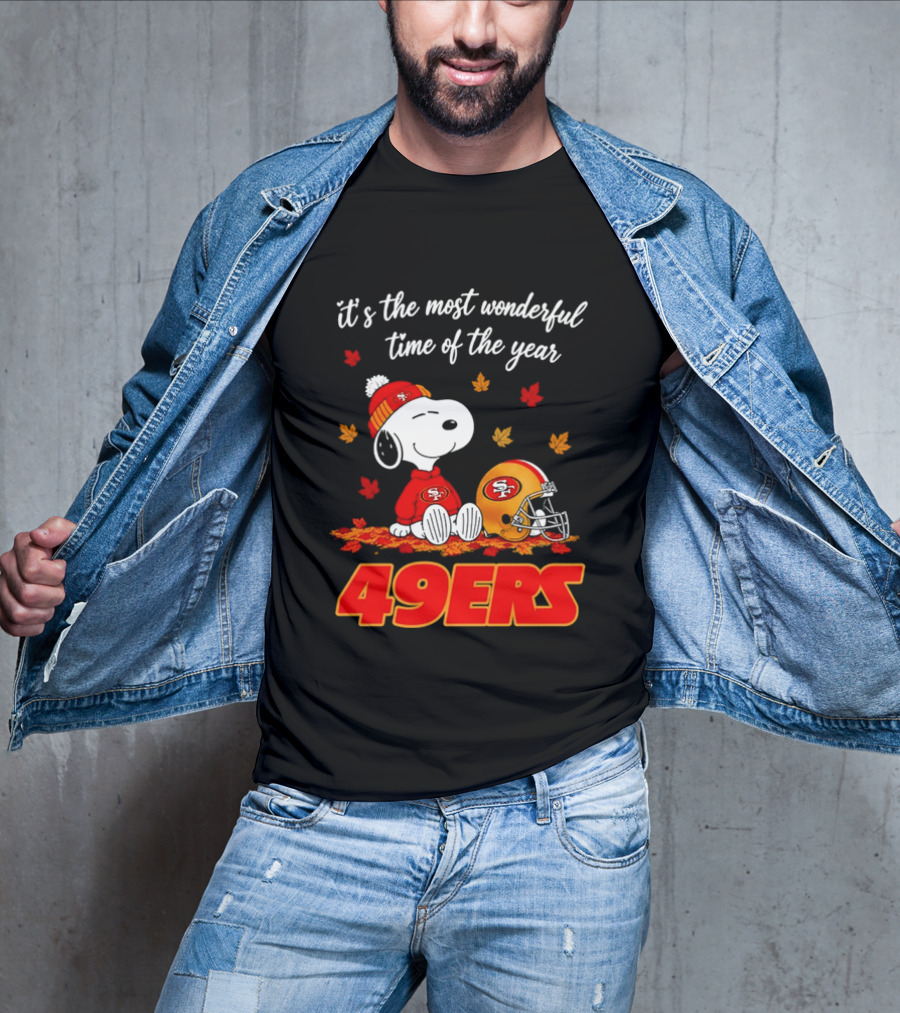 San Francisco 49ers Snoopy Beanie Autumn Leaves Most Wonderful Time T-Shirt