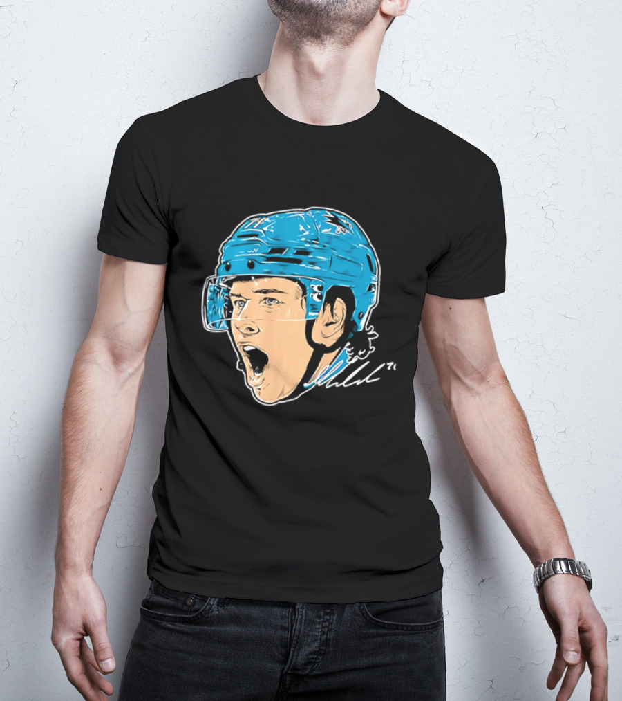 San Jose Sharks NHL 71 Yelling Hockey Player Helmet Caricature T-Shirt