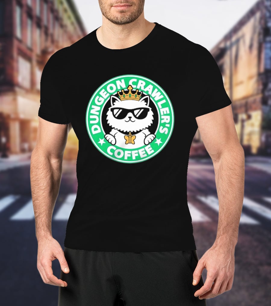 Dungeon Crawlers Coffee White Cat Crown Sunglasses T-Shirt