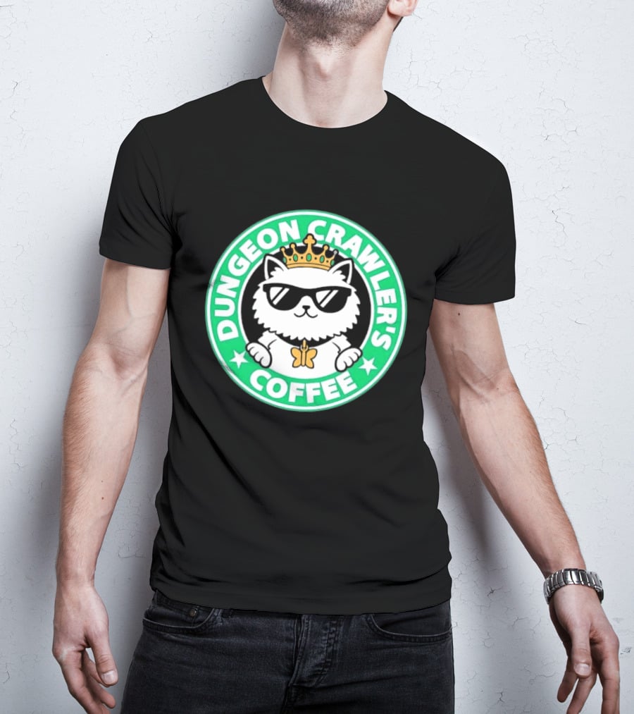 Dungeon Crawlers Coffee White Cat Crown Sunglasses T-Shirt