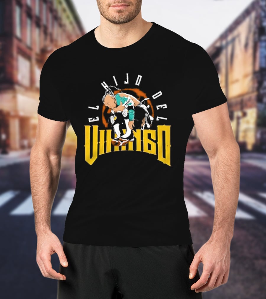 El Hijo Del Vikingo Crouching Wrestler Brown Yellow Text And Image T-Shirt