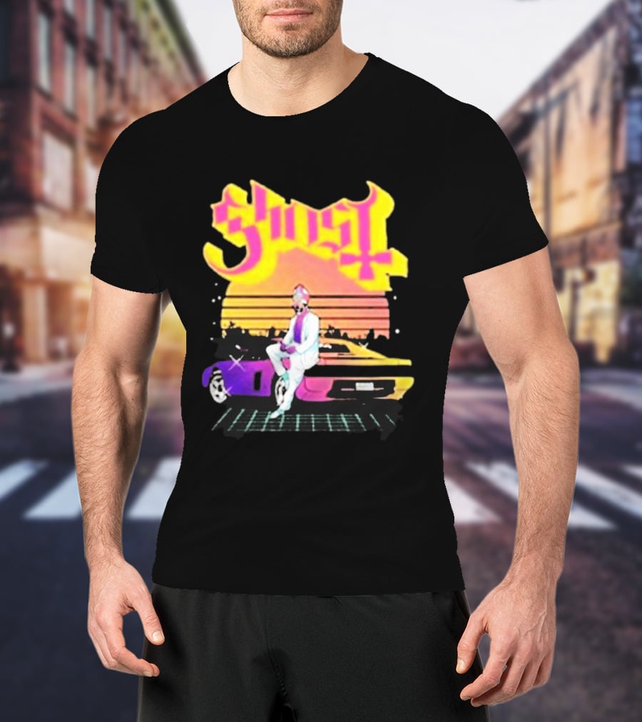 Ghost Miami Vice Retro Sunset Car Scene T-Shirt