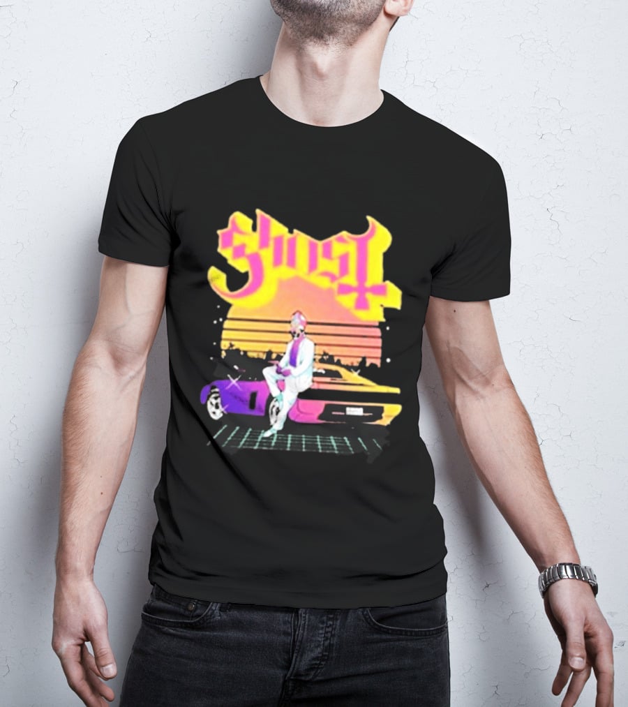 Ghost Miami Vice Retro Sunset Car Scene T-Shirt