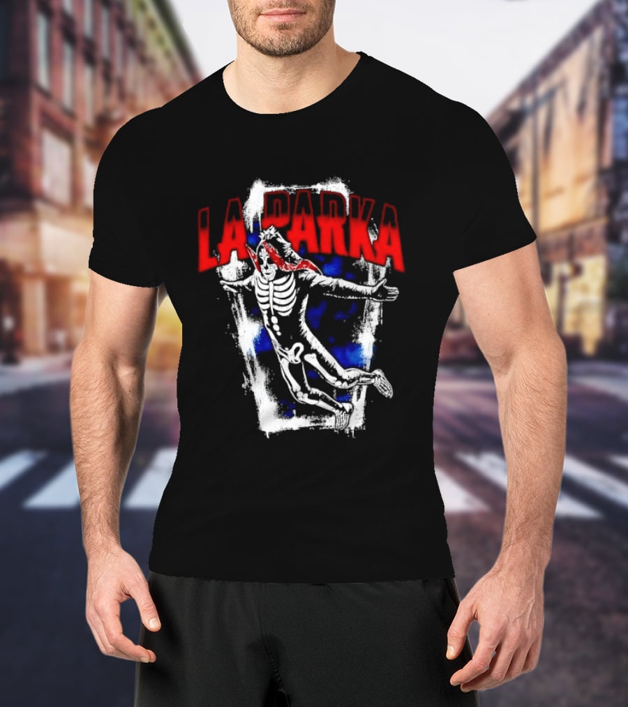 LA Parka Masked Skeleton Wrestler Jumping Distressed Frame T-Shirt