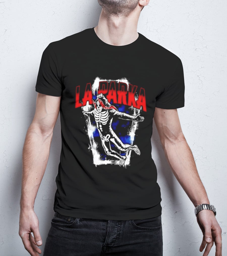 LA Parka Masked Skeleton Wrestler Jumping Distressed Frame T-Shirt