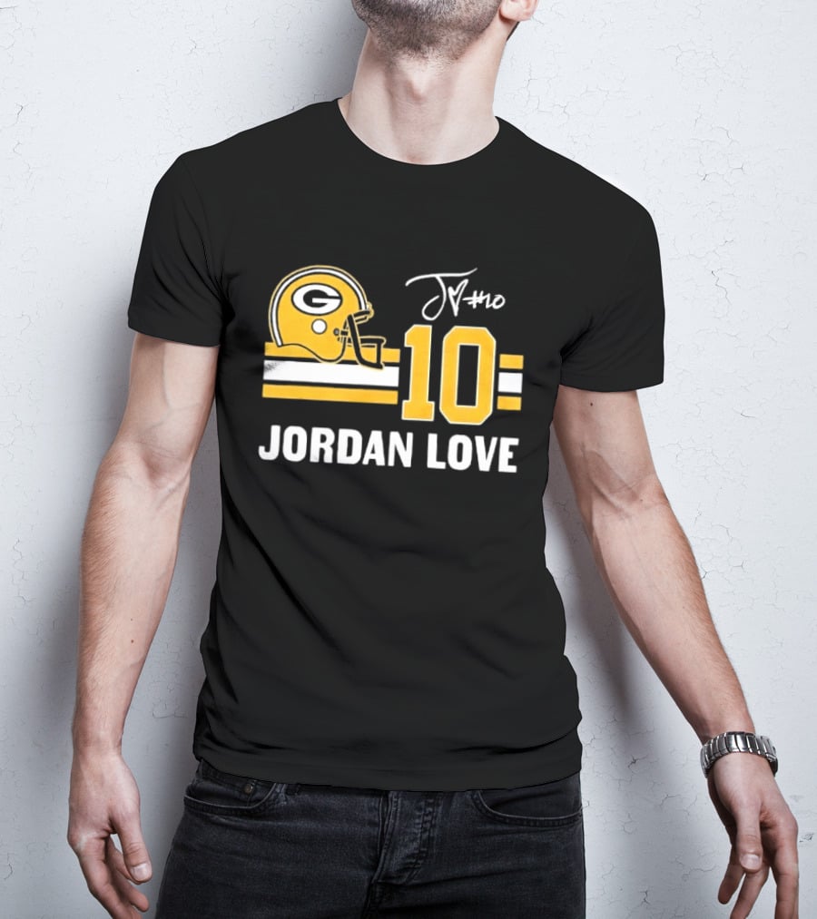 Green Bay Packers Jordan Love 10 Helmet Stripes JM Signature Distressed T-Shirt
