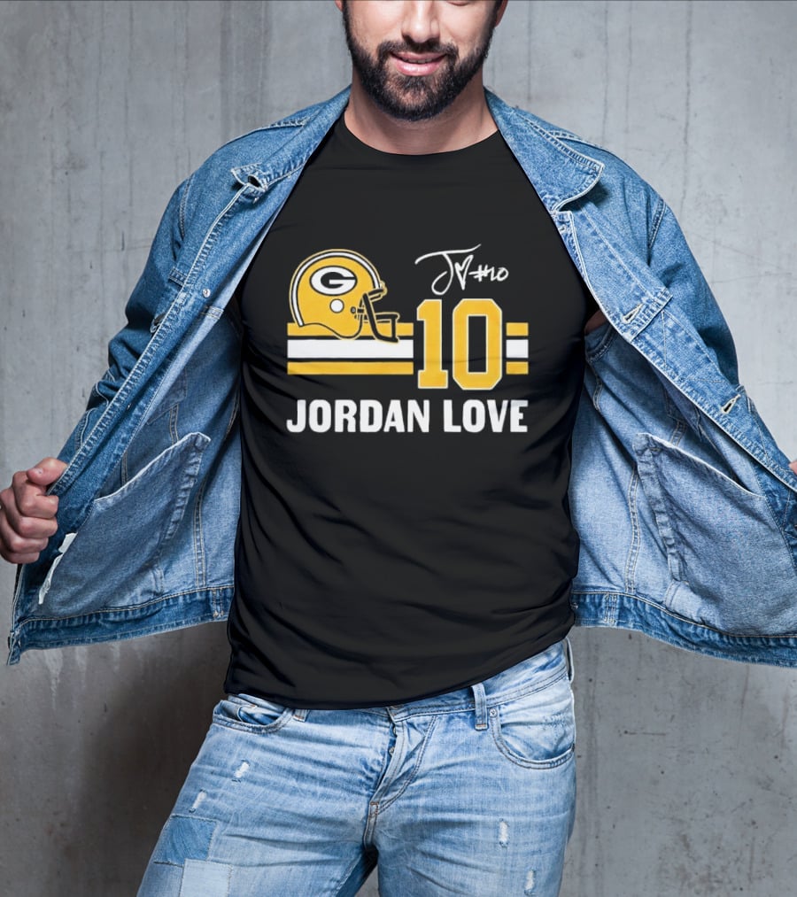 Green Bay Packers Jordan Love 10 Helmet Stripes JM Signature Distressed T-Shirt
