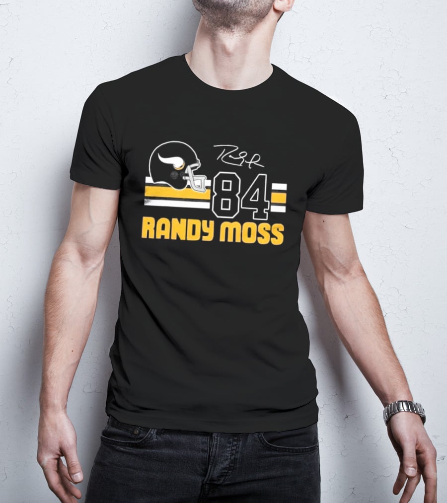 Randy Moss Minnesota Vikings 84 Helmet Stripes Autograph T-Shirt