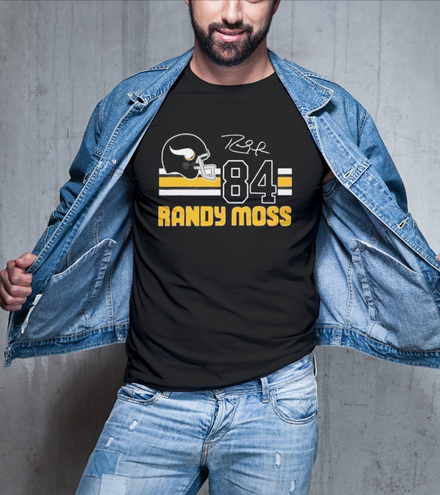 Randy Moss Minnesota Vikings 84 Helmet Stripes Autograph T-Shirt