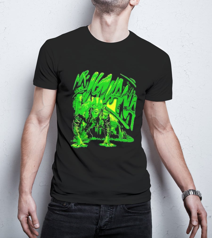 Mr Iguana Crouching Mexican Luchador Green Lizard Scale Graffiti T-Shirt