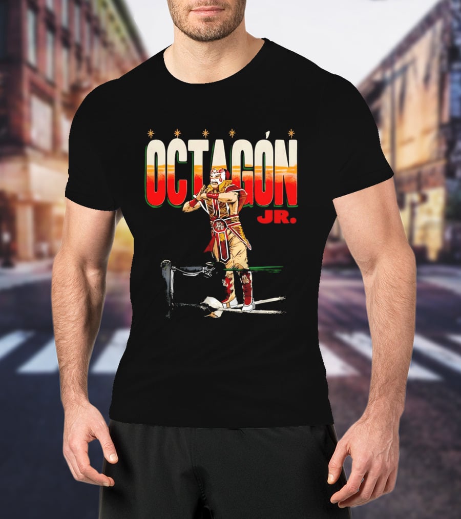 Octagon Jr Masked Lucha Libre Wrestler Ring Ropes Stars Distressed T-Shirt