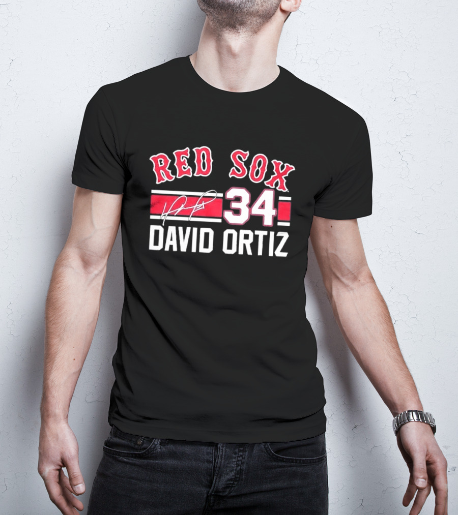 Red Sox MLB David Ortiz 34 White Stripes Distressed T-Shirt