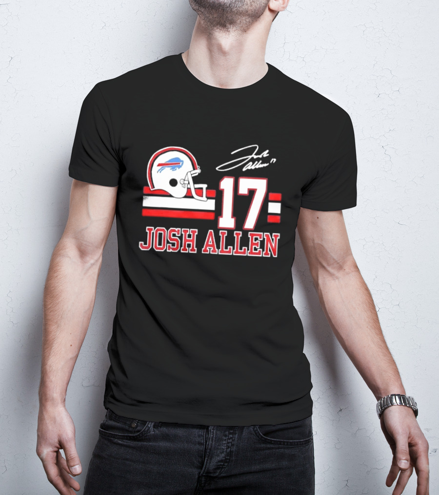 Josh Allen 17 Buffalo Bills Helmet Red Stripes Distressed T-Shirt