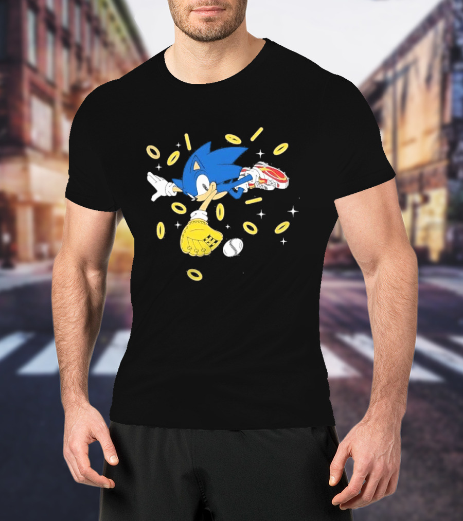 The Hedgehog Running Collecting Rings With Baseball Glove And Ball T-Shirt