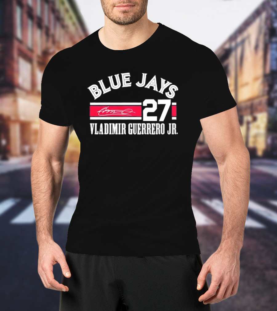 Blue Jays Vladimir Guerrero Jr 27 Red Stripe Signature Distressed T-Shirt