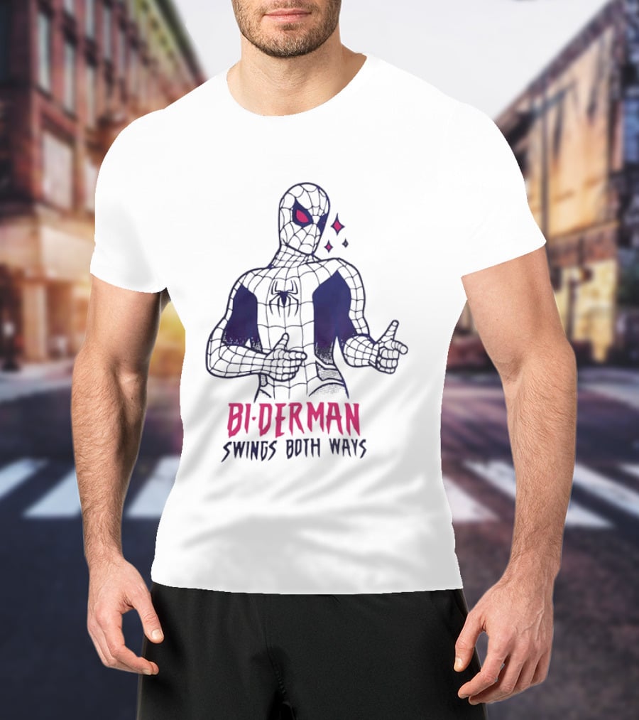 Bi Derman Swings Both Ways Spider Man LGBTQ Superhero T-Shirt