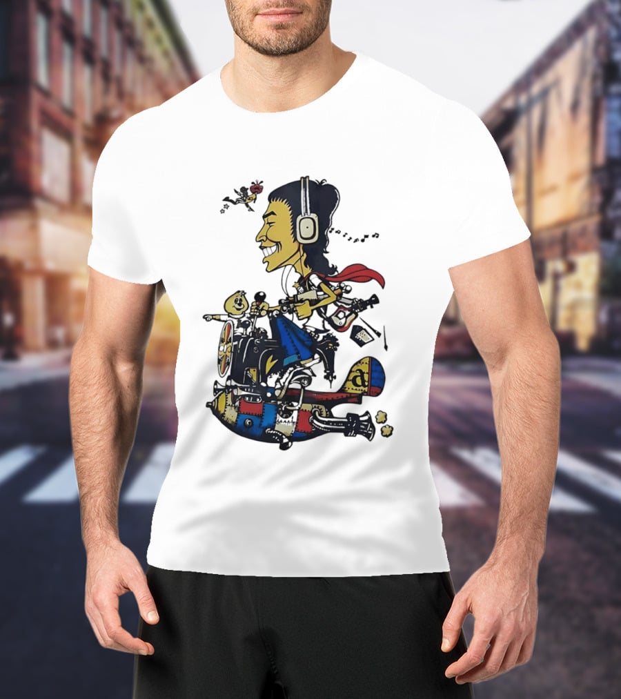 Cartoon Caricature Man With Headphones Riding Flying Rocket Airplane T-Shirt