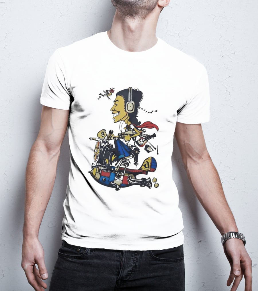 Cartoon Caricature Man With Headphones Riding Flying Rocket Airplane T-Shirt