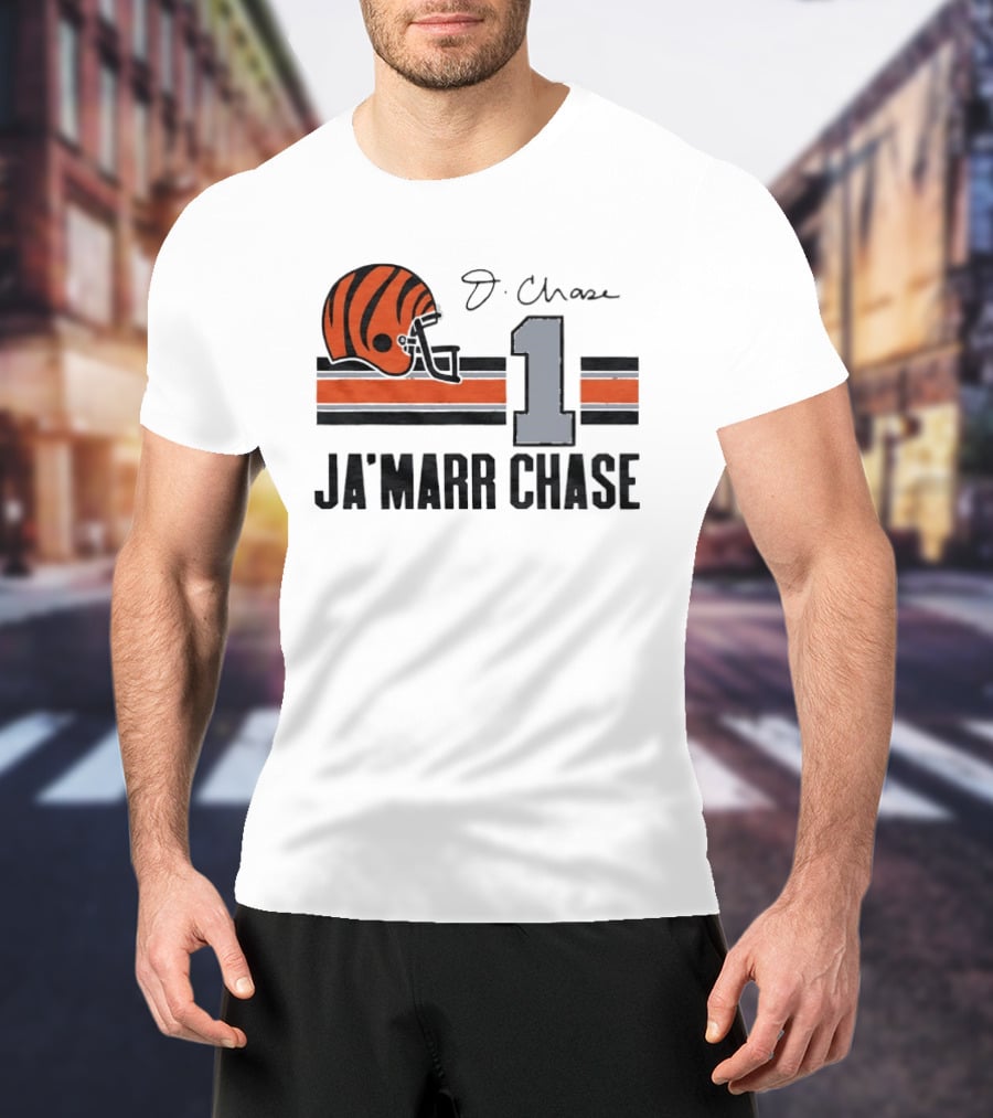 Cincinnati Bengals Ja'Marr Chase Helmet 1 J Signature Stripes Wood Texture T-Shirt