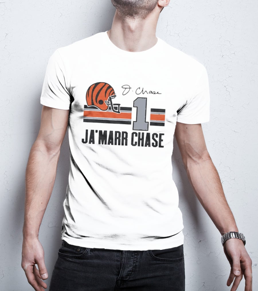 Cincinnati Bengals Ja'Marr Chase Helmet 1 J Signature Stripes Wood Texture T-Shirt