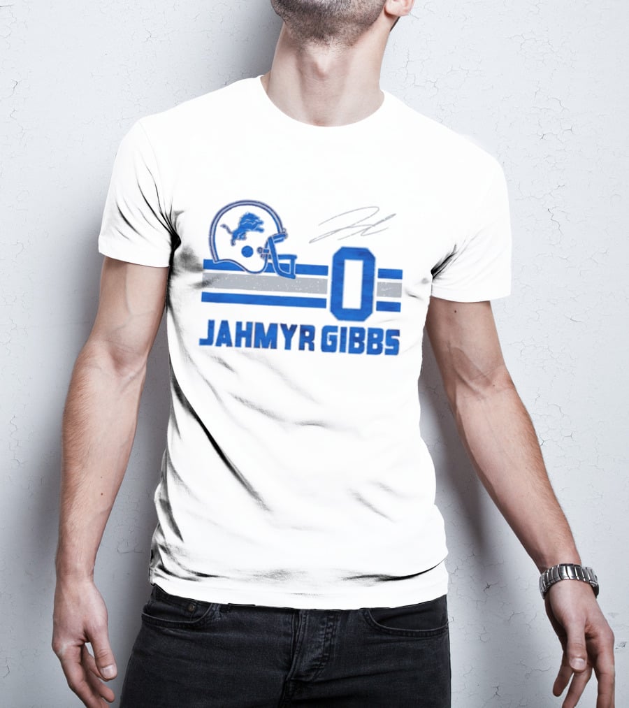 Detroit Lions Jahmyr Gibbs Zero Helmet Number Stripes Distressed T-Shirt