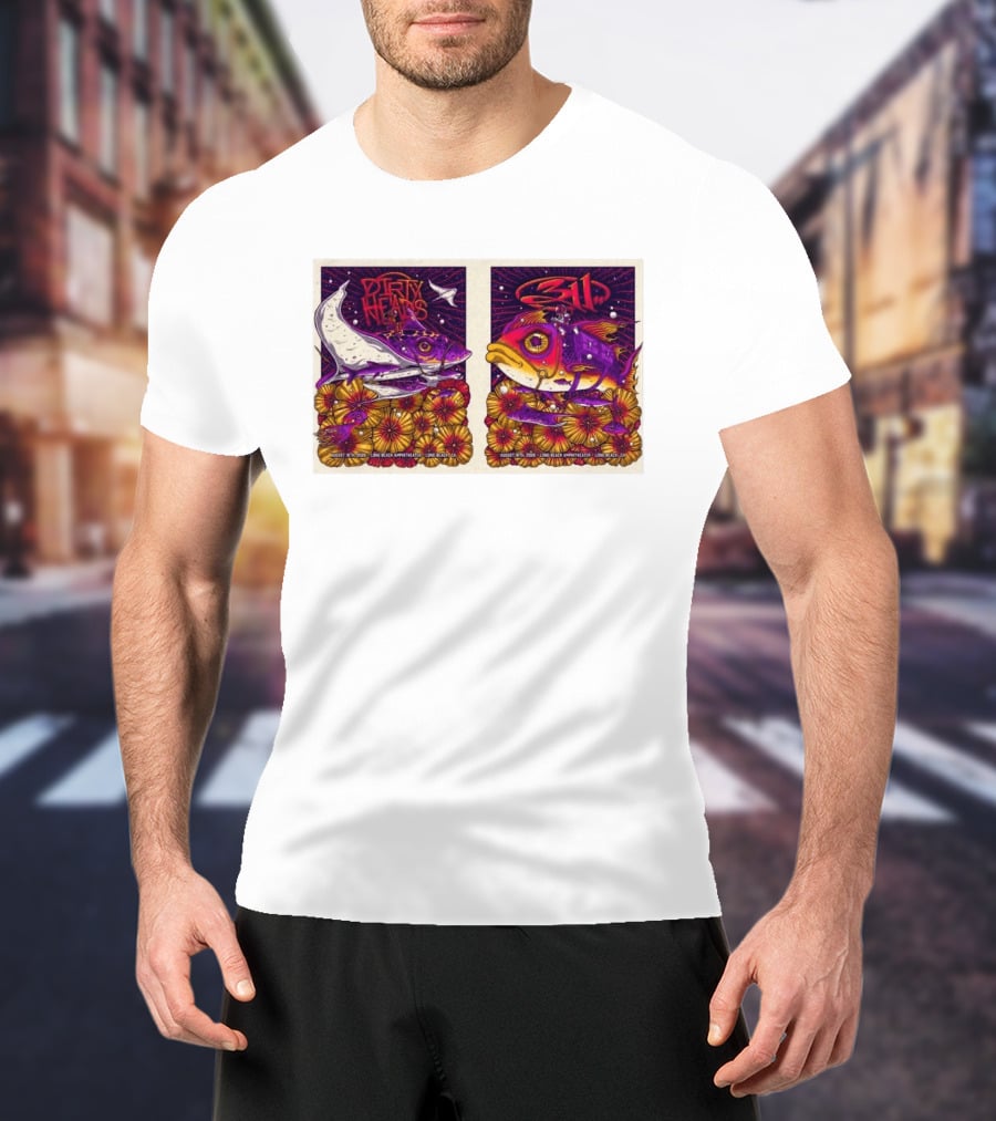 Dirty Heads 311 August 18 2026 Long Beach Amphitheater California Concert Art Colorful Fish Flowers T-Shirt
