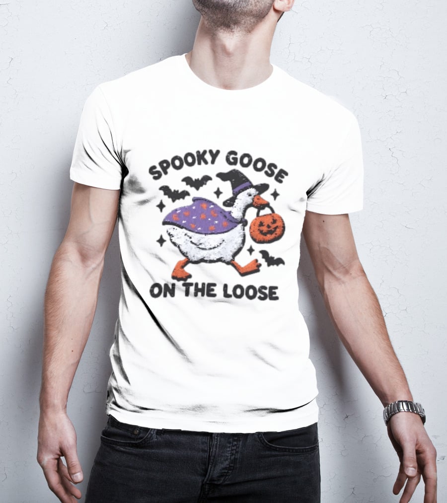 Spooky Goose On The Loose Halloween Embroidered T-Shirt