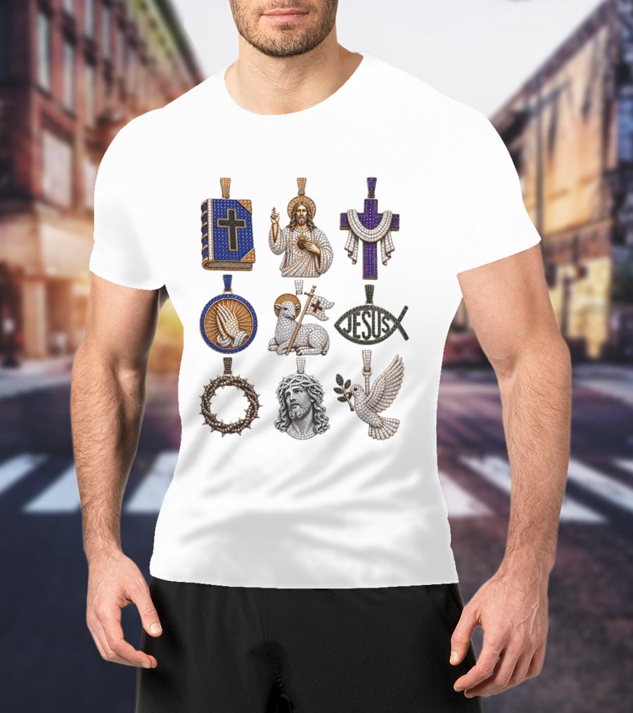 Jesus Cross Bible Lamb Fish Dove Crown Praying Hands Gemstone Pendants Collection T-Shirt