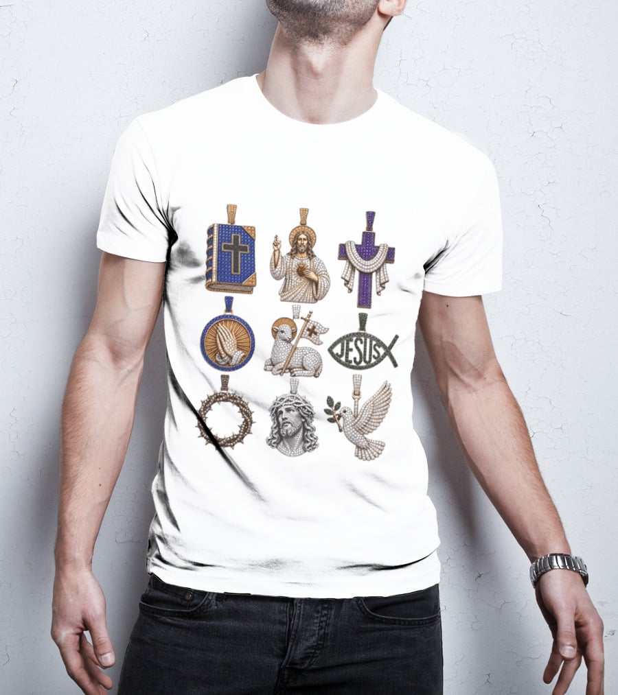 Jesus Cross Bible Lamb Fish Dove Crown Praying Hands Gemstone Pendants Collection T-Shirt