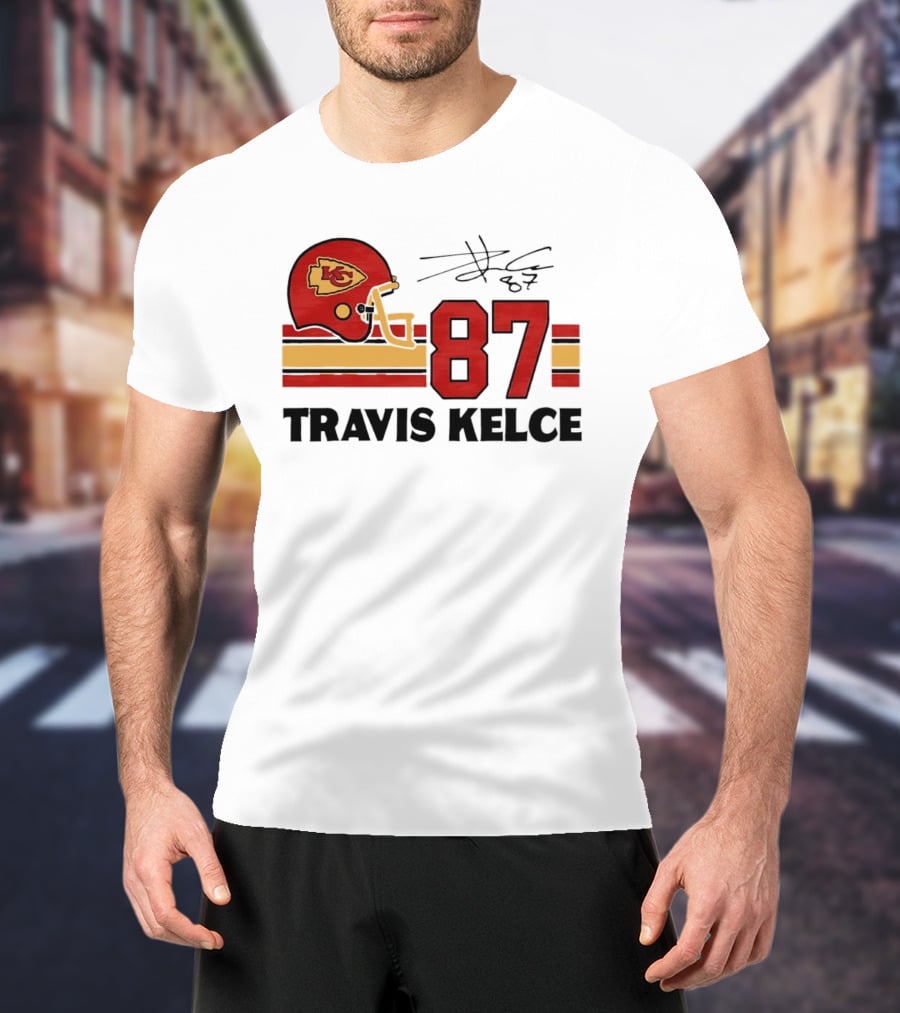 Kansas City Chiefs Travis Kelce 87 Red Gold Helmet Stripes T-Shirt