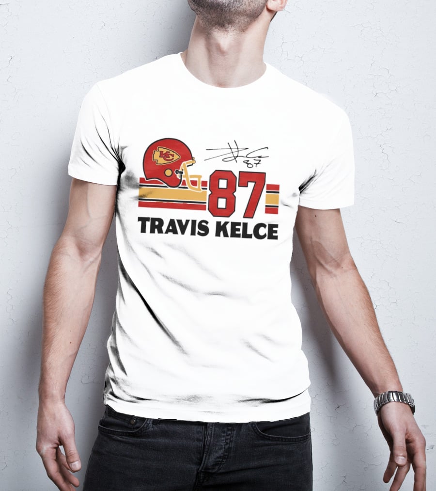 Kansas City Chiefs Travis Kelce 87 Red Gold Helmet Stripes T-Shirt