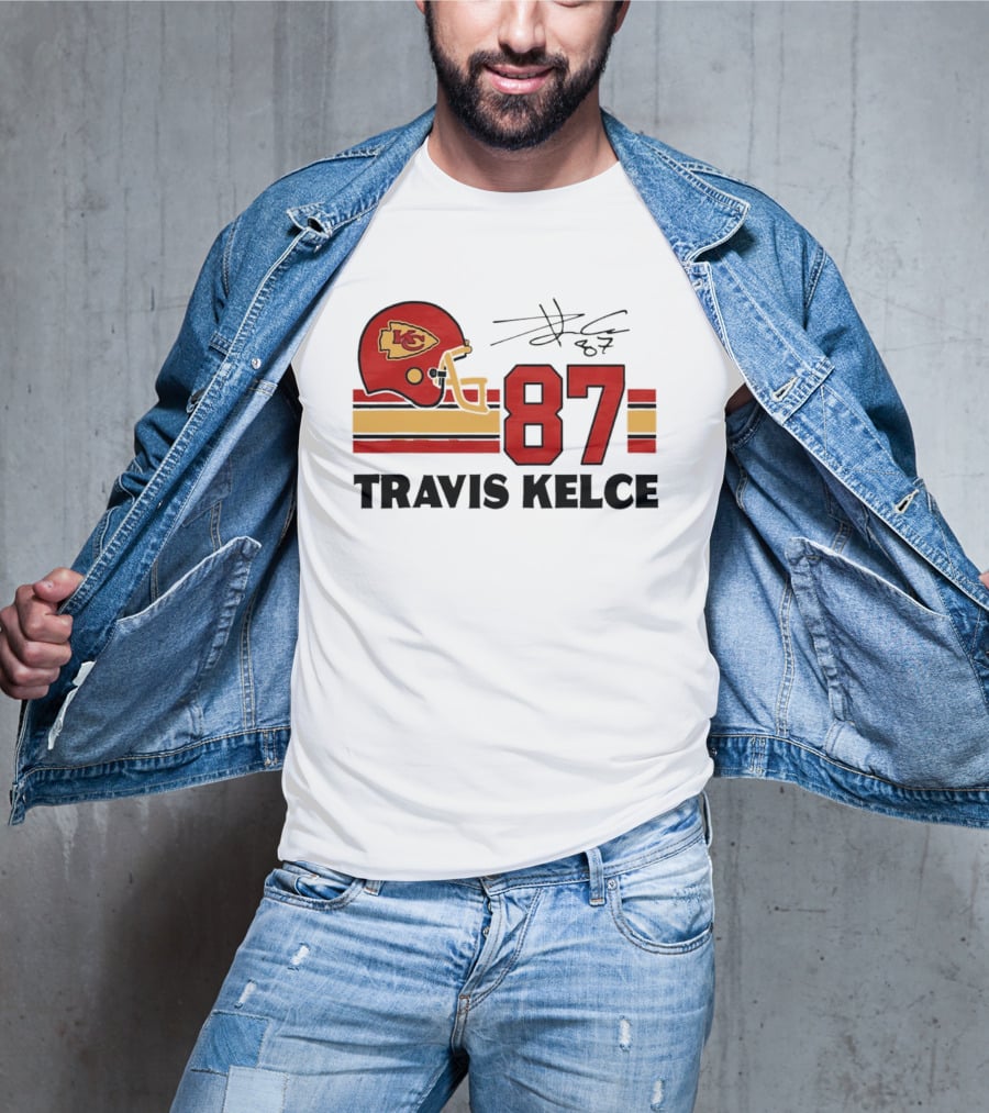 Kansas City Chiefs Travis Kelce 87 Red Gold Helmet Stripes T-Shirt