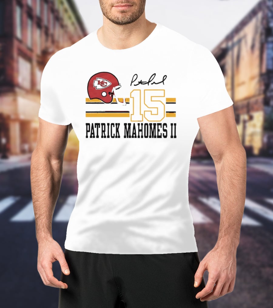 Kansas City Chiefs Patrick Mahomes II Number 15 Signature Football Helmet Stripes T-Shirt