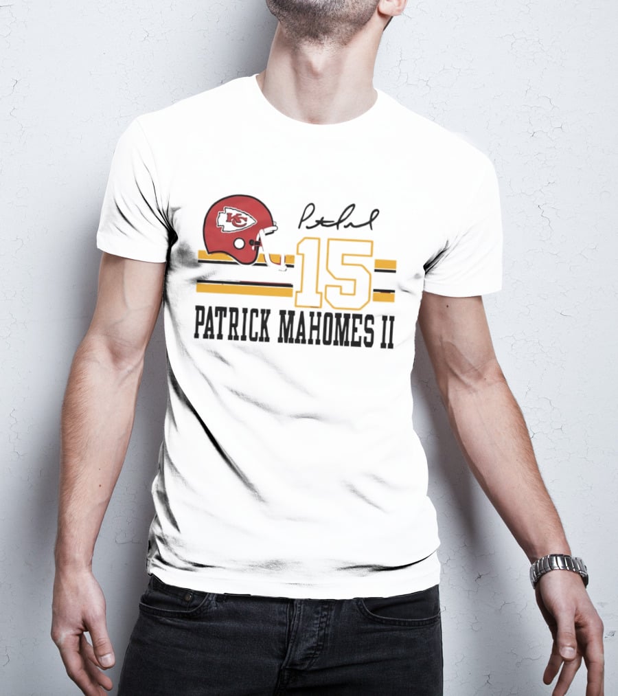 Kansas City Chiefs Patrick Mahomes II Number 15 Signature Football Helmet Stripes T-Shirt