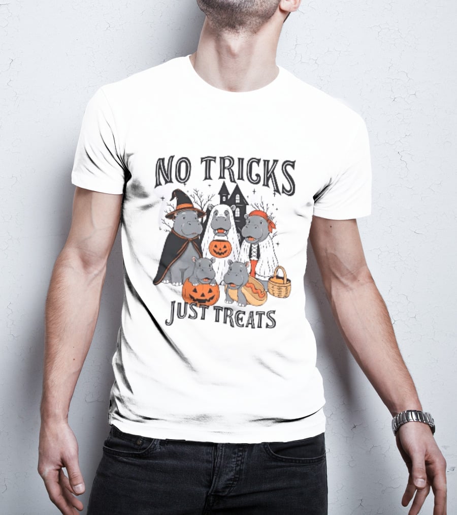 No Tricks Just Treats Hippos With Pumpkins Halloween Costumes T-Shirt