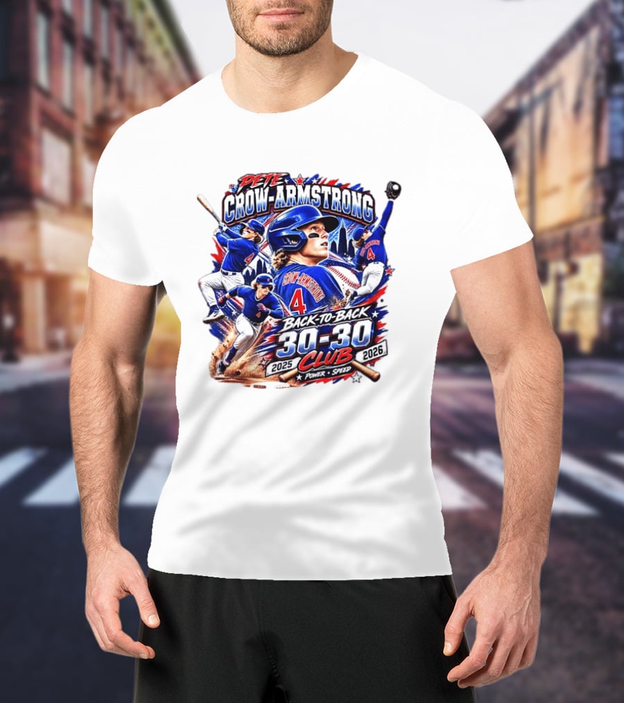 Pete Crow Armstrong Back To Back 30 30 Club 2025 2026 Power Speed Chicago Baseball Action Skyline T-Shirt