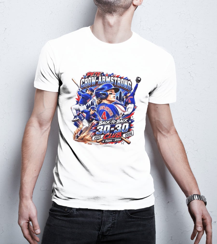 Pete Crow Armstrong Back To Back 30 30 Club 2025 2026 Power Speed Chicago Baseball Action Skyline T-Shirt