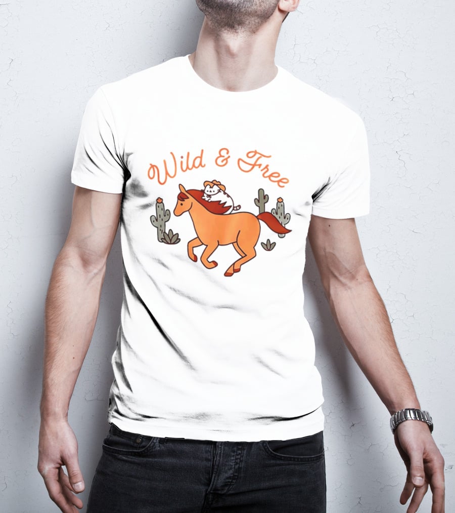 Wild And Free Cartoon Cowboy Cat Galloping Horse Cactus Scene T-Shirt