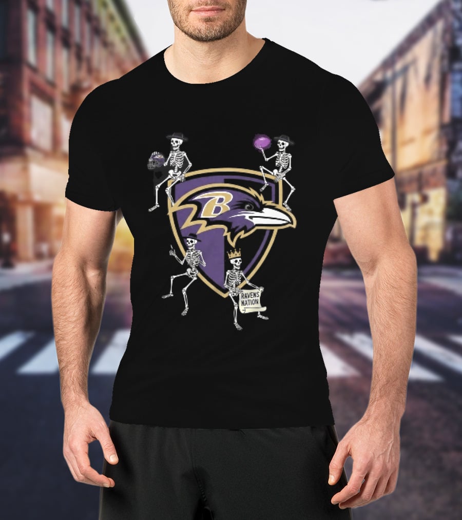 Baltimore Ravens Nation Skeletons Football Helmet Shield Ravens Logo Halloween T-Shirt