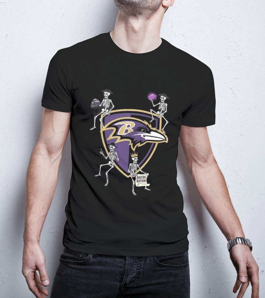Baltimore Ravens Nation Skeletons Football Helmet Shield Ravens Logo Halloween T-Shirt