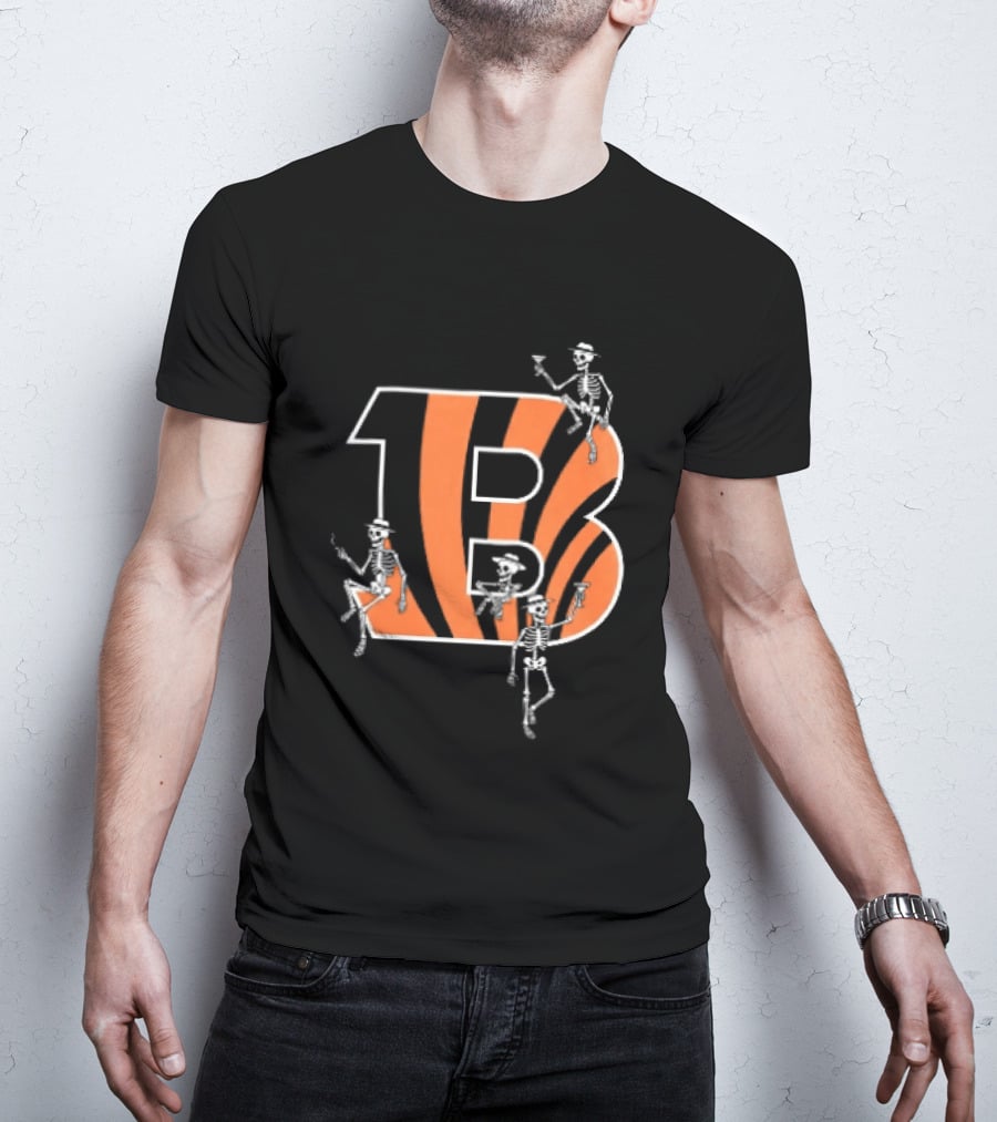 Cincinnati Bengals Party Skeletons Logo B With Stripes T-Shirt