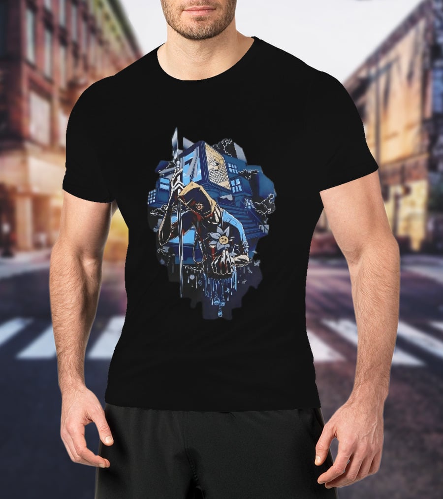 Masked Figure With Spear And Smiling Flower By Mysterious Floating House T-Shirt