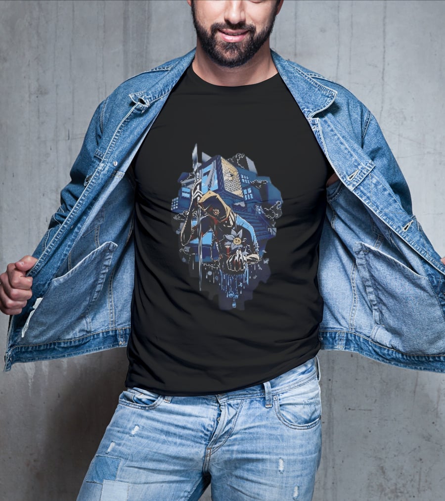 Masked Figure With Spear And Smiling Flower By Mysterious Floating House T-Shirt